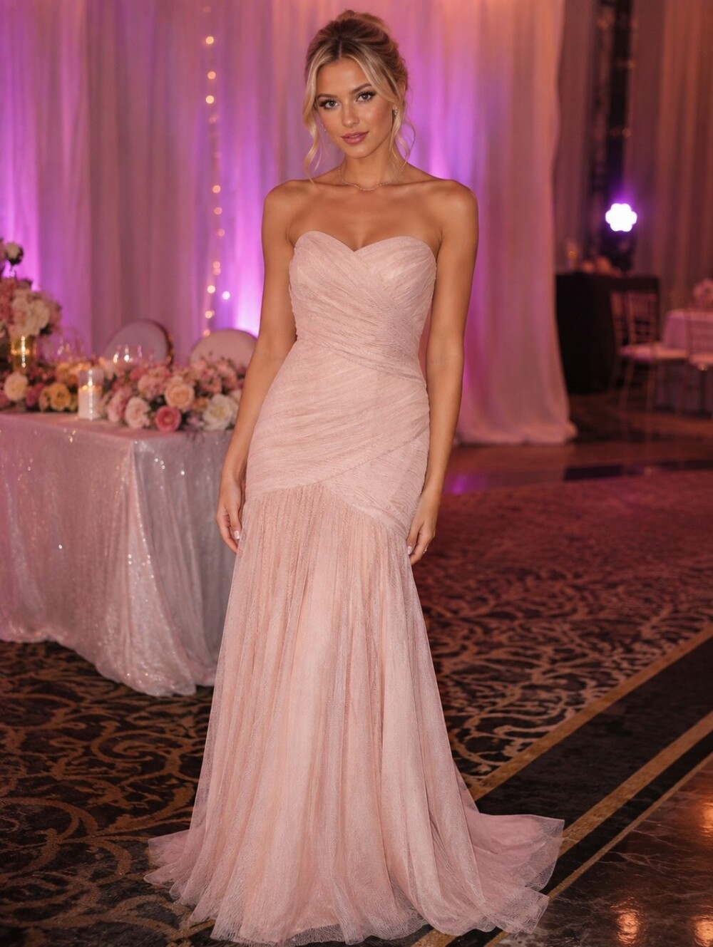Vintage Vera Wang White Strapless Blush Pink Tulle Evening Gown
